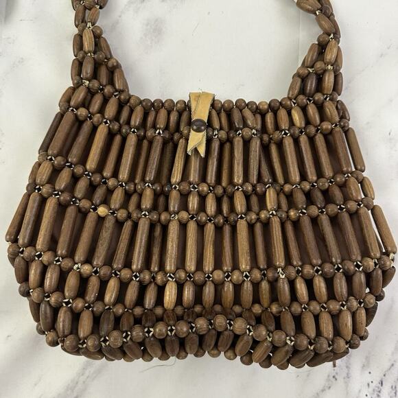 Vintage Wood Beaded Shoulder Bag Purse Brown Boho Tropical Small Festival - Picture 5 of 6